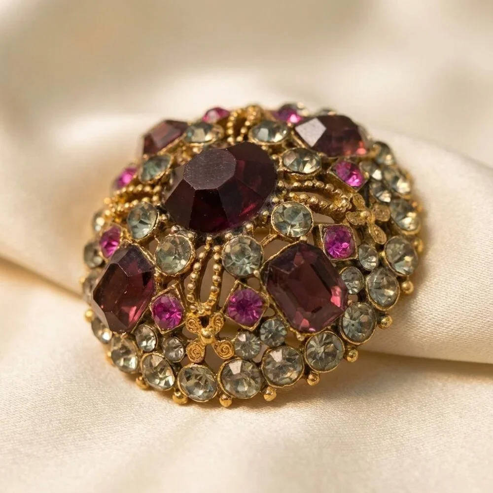 Capri Rhinestone Dome Brooch Gold Tone Deep Garnet Pink Statement – 1.9”